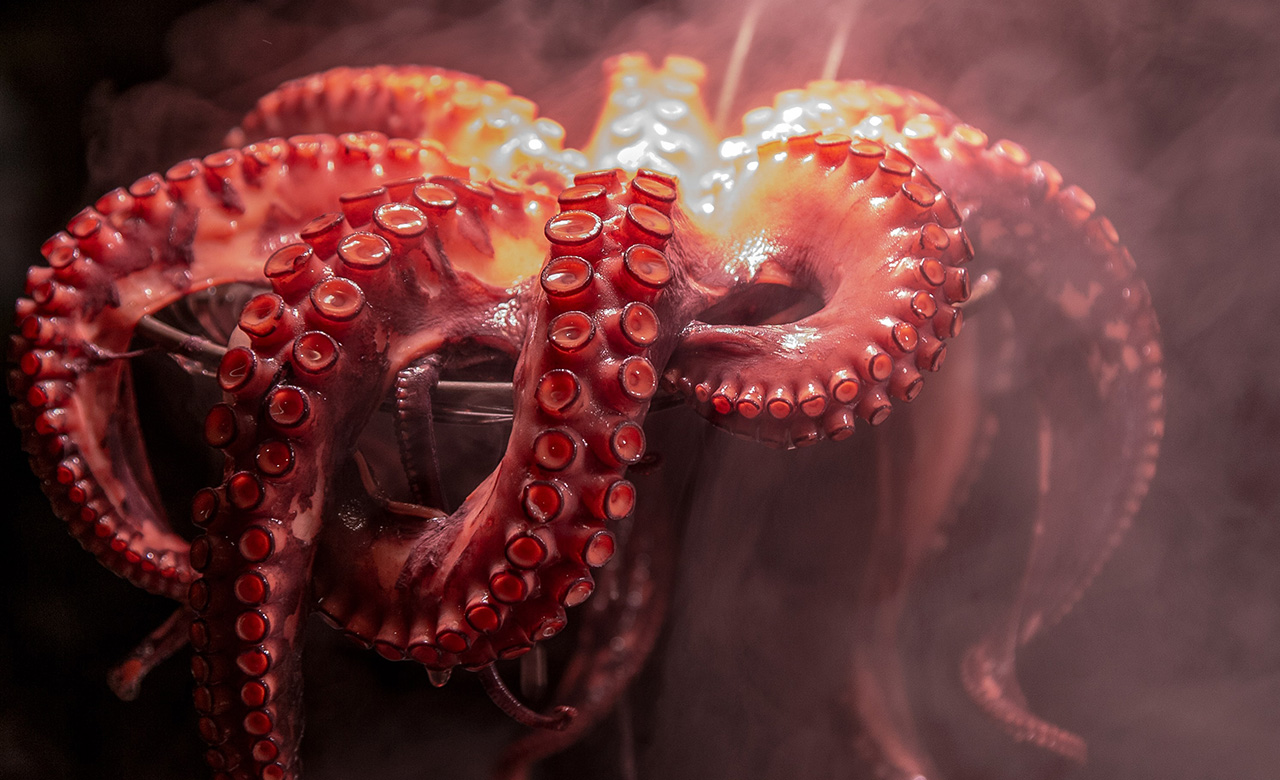 Blæksprutte, Piment d'Espelette, appelsinsauce og persille